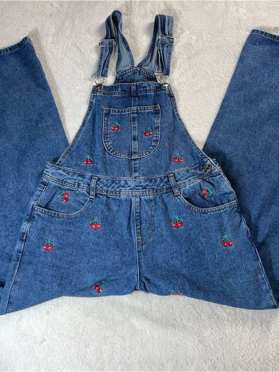 GOGO Jeans Denim - Gogo Jeans Women’s Size Med Blue Denim Overalls With Embroidered Red Cherries